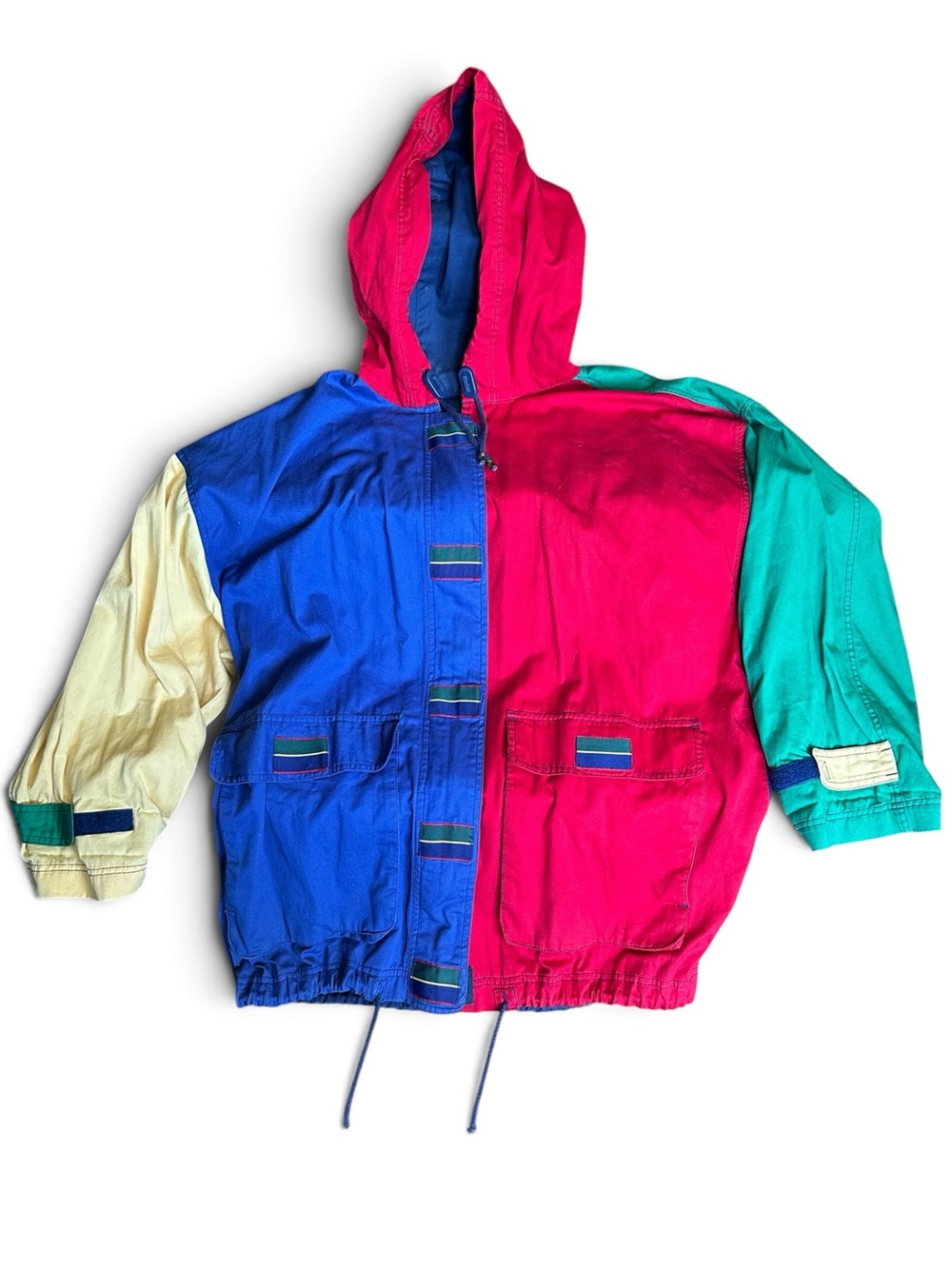 Vintage 1990’s Women’s Color Block Barn Jacket Coat Red Green Blue Hood Size XL